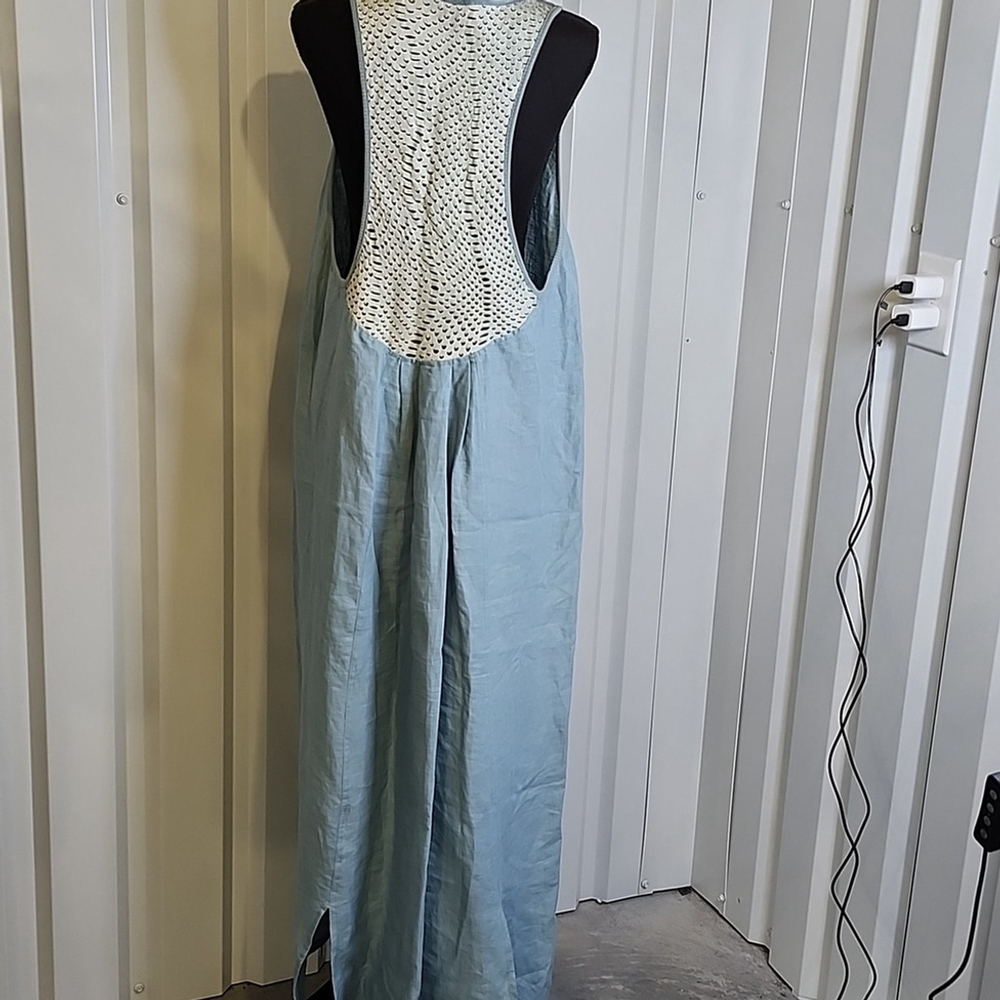 Maurizio Womens Light Blue Linen and Leather Maxi Dress Size Large Racerback - Picture 2 of 9